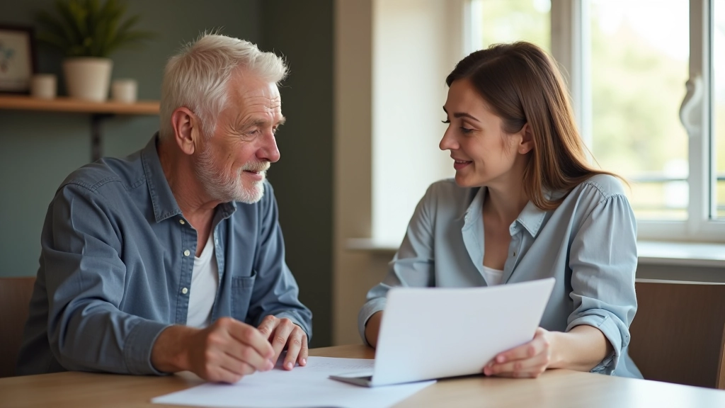 Starší muž a mladá žena diskutují u papírů a notebooku