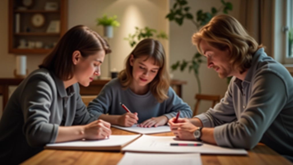 Rodina sedící u stolu s právními dokumenty a tužkou