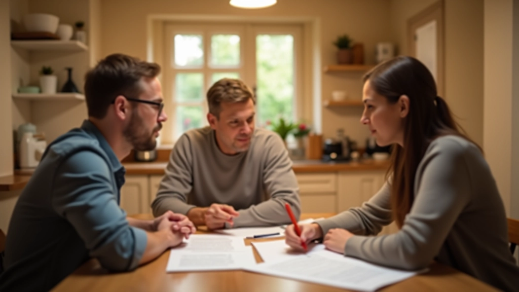 Rodina diskutující o právních dokumentech při kávě v domácí atmosféře