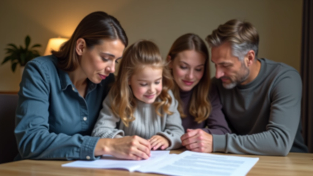 Tříčlenná rodina — rodiče a jejich dospělé dítě — sedí spolu a prohlížejí si právní dokumenty