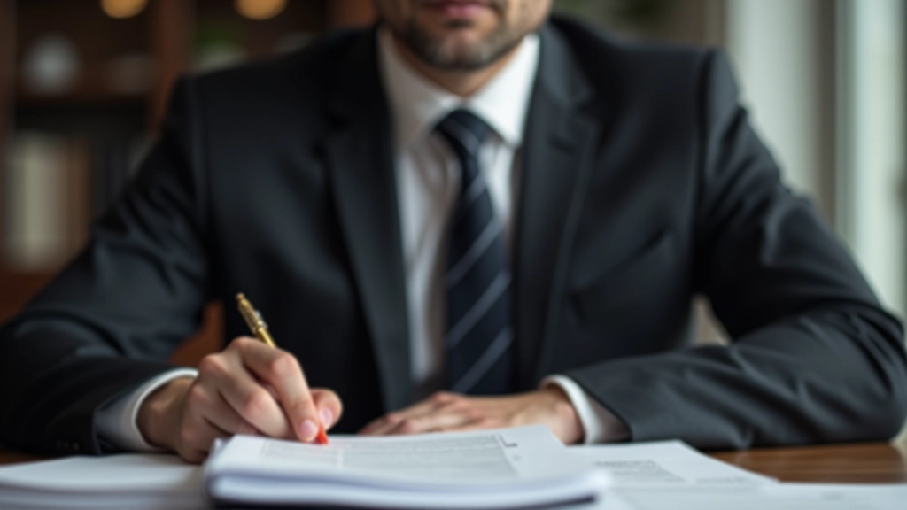 Právník v kancelářské místnosti sedí u stolu s právními dokumenty, tužkou a notesem