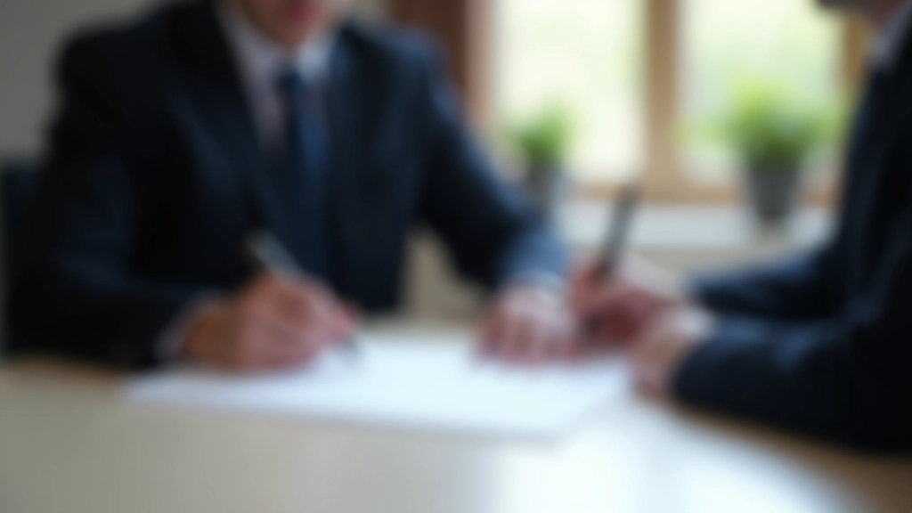 Notář podepisující právní dokument v kanceláři s dvěma lidmi přítomnými