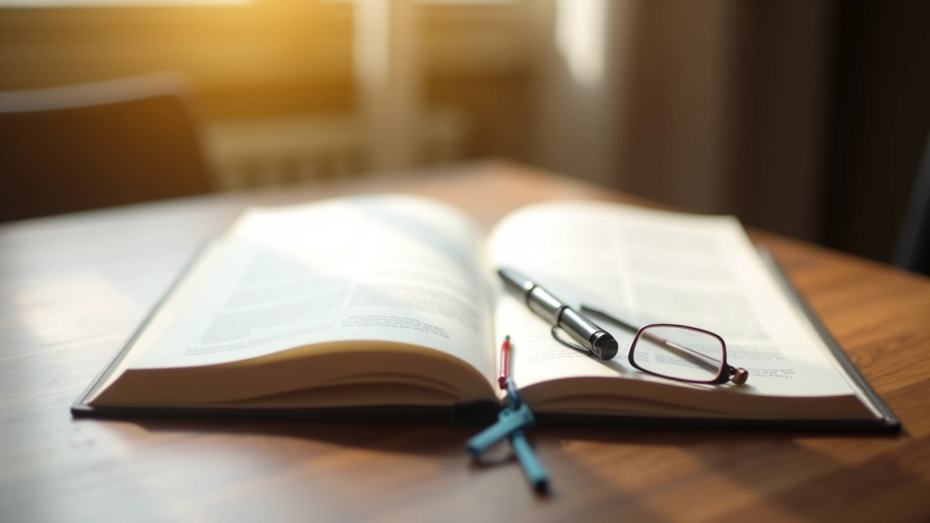 Otevřená kniha o právním plánování na dřevěném stole s brýlemi a perem