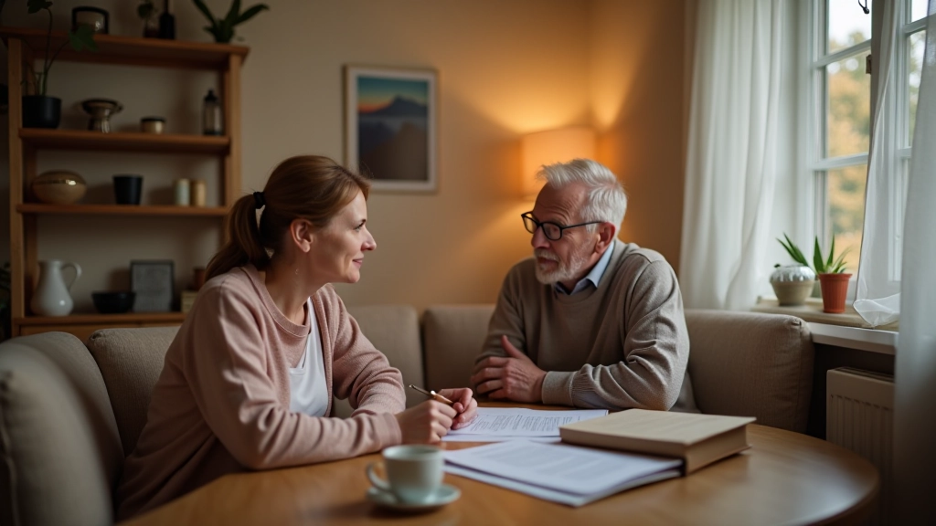 Starší páru — dva prarodiče sedí spolu v obývacím pokoji s rodinným fotoalbem a fotografiemi vnoučat