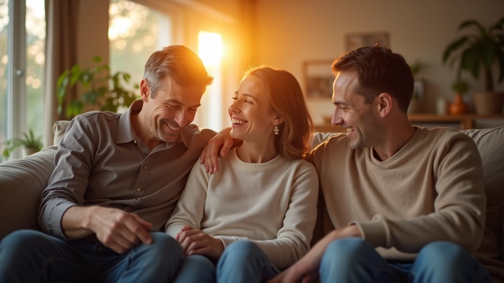 Rodina sedí spolu v obývacím pokoji, rozhoduje se o darování majetku budoucí generaci